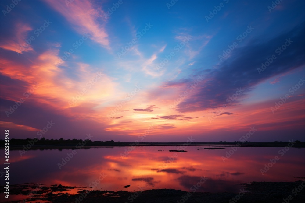 Obraz premium Fiery sunsets backdrop peaceful landscapes with warm, colorful embrace