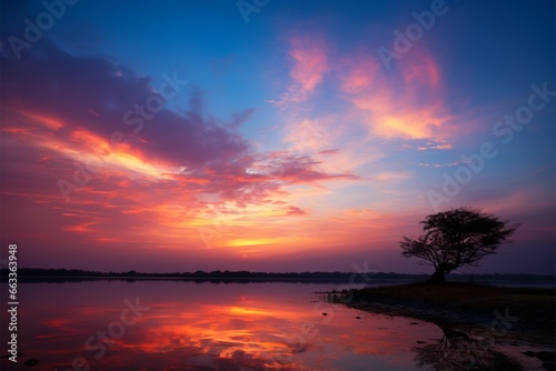 Fiery sunsets backdrop peaceful landscapes with warm, colorful embrace © Jawed Gfx
