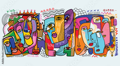 Colorful abstract faces portrait line art decorative hand drawn vector illustration wall art, cover, poster, cards, prints design.