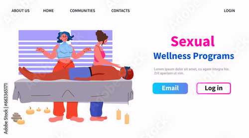 Professional massage therapists massages body of young guy sexual wellness programs human sexuality concept horizontal