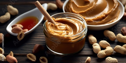 peanut butter photographed close up on a black background. generative AI photo