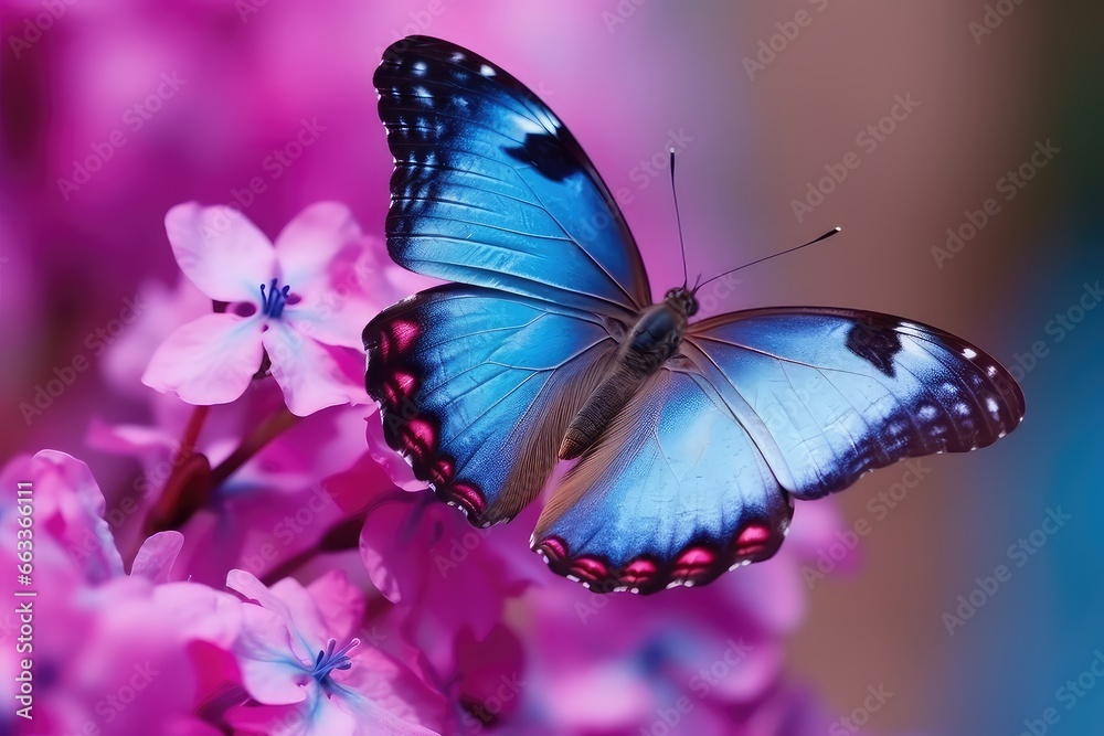 Beautiful blue butterfly Morpho on pink violet flowers on blurred soft light wallpaper background