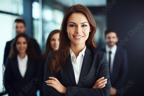 Successful business woman sitting in a boardroom, smiling at camera, with his team