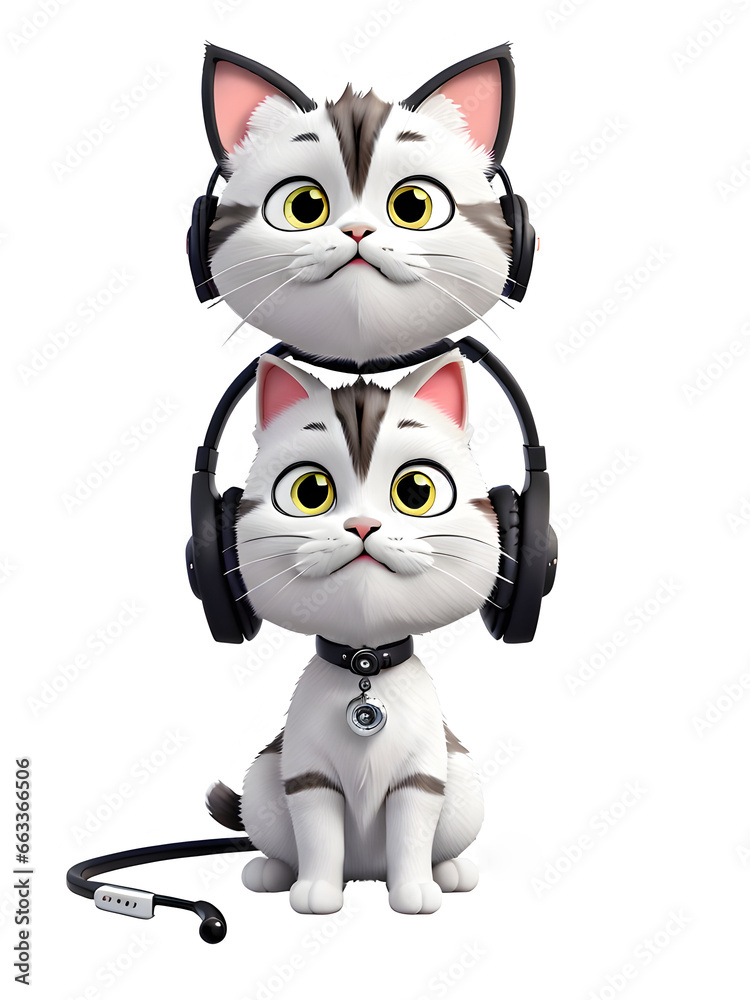 3d white cat with headphones listening to music