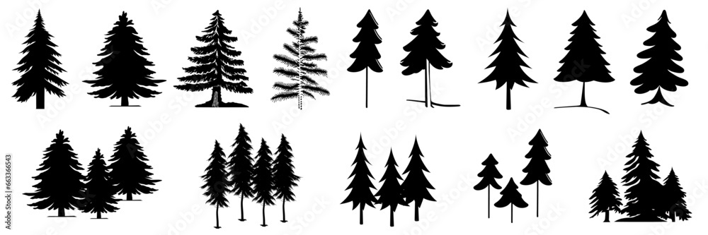 Assorted pine tree vector set icon. Conifer tree silhouettes on the white background Assorted pine tree vector set icon. Conifer tree silhouettes on the white background