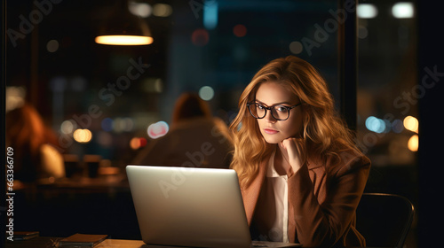 Working late in an office: Business woman using laptop at her desk