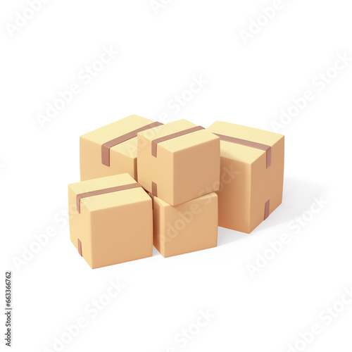 Minimal stylized simple beige cardboard boxes with brown tape. Stacked pile of boxes of sealed goods personal stuff home supplies ready for relocation. Moving day. 3d render isolated transparent.