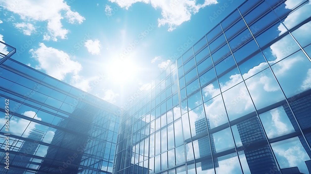 Modern office building with blue sky and cloud reflection. Business background.