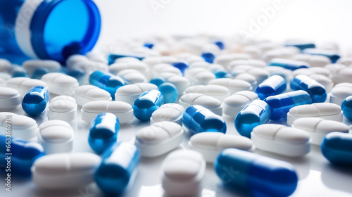 Selective focus on blue and white pill capsules spread on white background with shadow. Generative AI