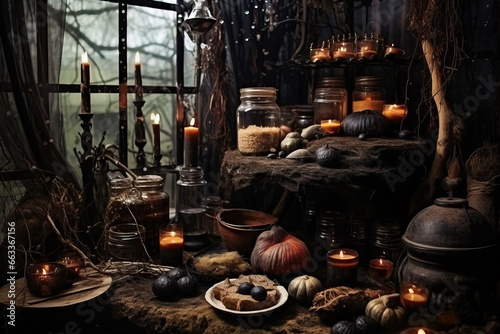 Witchcraft witch interior  potion  herbs ingredients candles and magical equipment  halloween inspiration  Generative AI