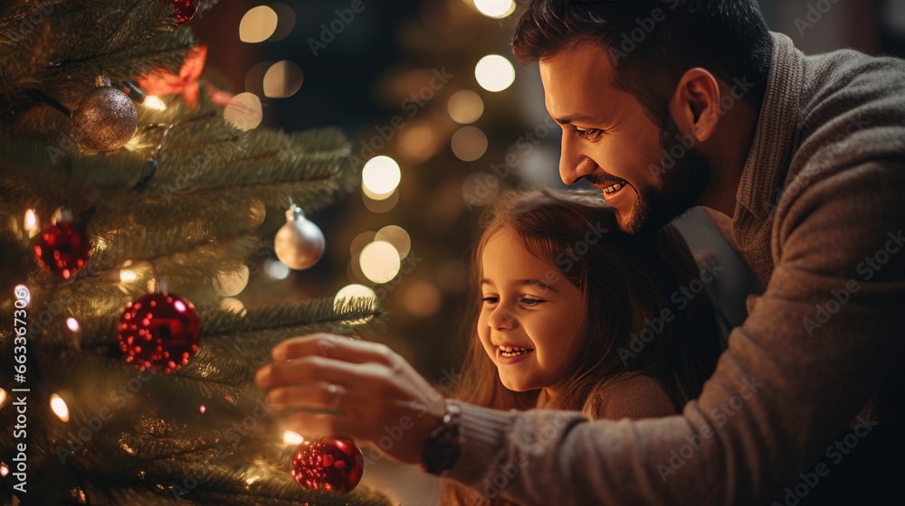 happy father and little daughter decorating christmas tree together at home happy father and little daughter decorating christmas tree together at home