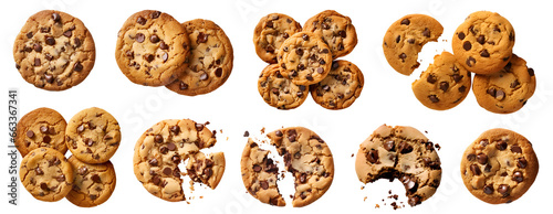 Chocolate chip cookie cookies, top view on transparent background cutout, PNG file. Many assorted different design. Mockup template for artwork.