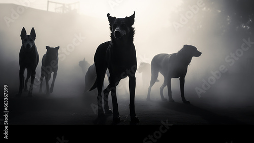 phobia fear horror attack of a pack of dogs in a black and white fog. © kichigin19