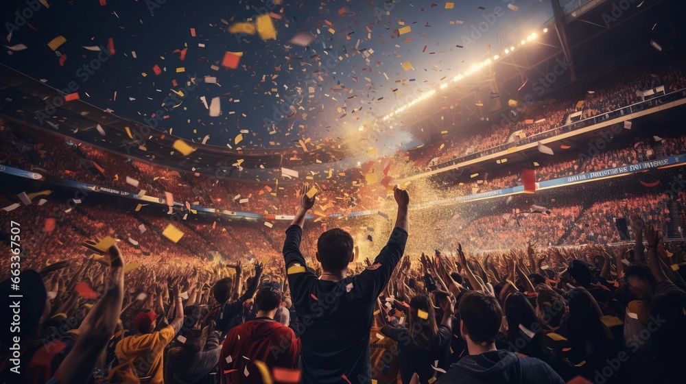 Cheering crowd at a soccer stadium with confetti in the air - obrazy, fototapety, plakaty 