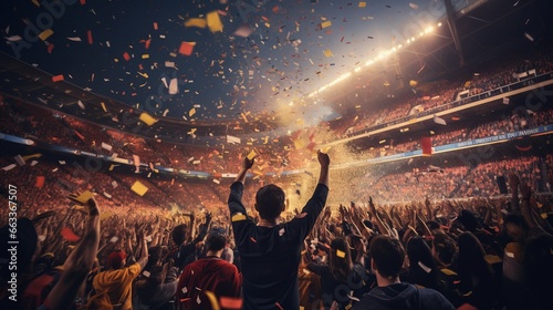 Cheering crowd at a soccer stadium with confetti in the air