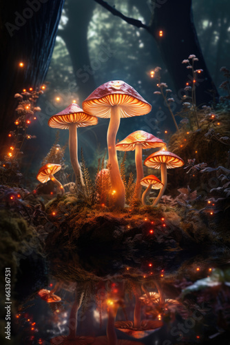 closeup of glowing forest mushrooms, magic fantasy, autumn season, generative AI © Olga Miltsova