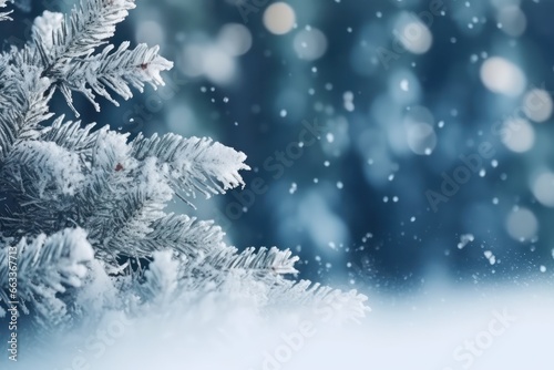 Blue winter christmas nature background frame wide format with blurred wallpaper background