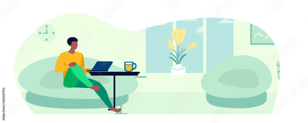 Man relaxing in a chair, lamps, laptop, vector illustration