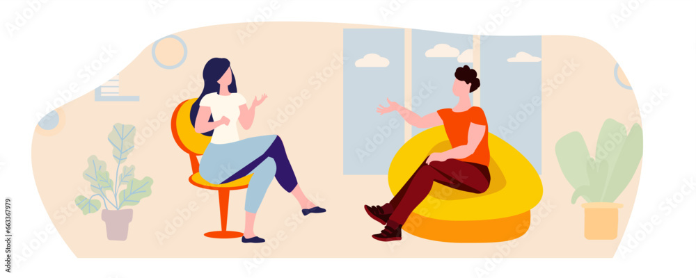 Woman Interviewing Man in Room with Window, Vector Illustration Woman Interviewing Man in Room with Window, Vector Illustration
