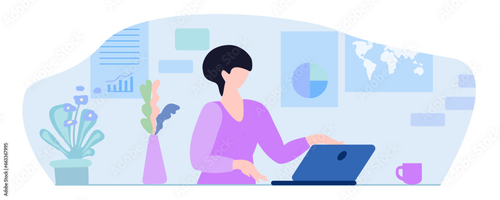 Remote work concept, woman at laptop, books, schedule, board, workplace, vector