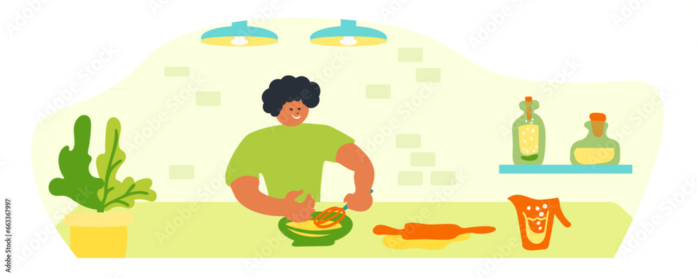 Man, pie, ingredients, utensils, cooking, dishes, kitchen, vector illustration
