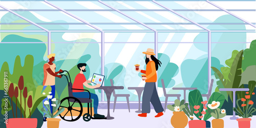 Cafe. People. Workplace of a disabled person in a wheelchair. Inclusion in public life. A modern illustration of a prosperous society. Greening the city