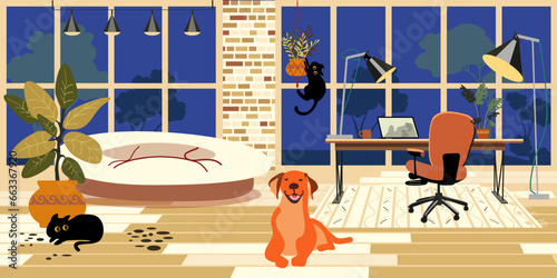 Office facilities and design isolated cartoon vector illustrations set. Funny black cats in the room play and hide in indoor plants. Retro style 60s, 70s. Pet friendly. Bright interior with large wind