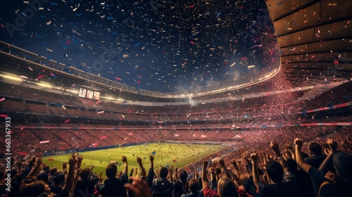 Football stadium at night with fans and confetti flying in the air