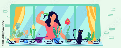 Self care concept, girl in window from street side, vector illustration