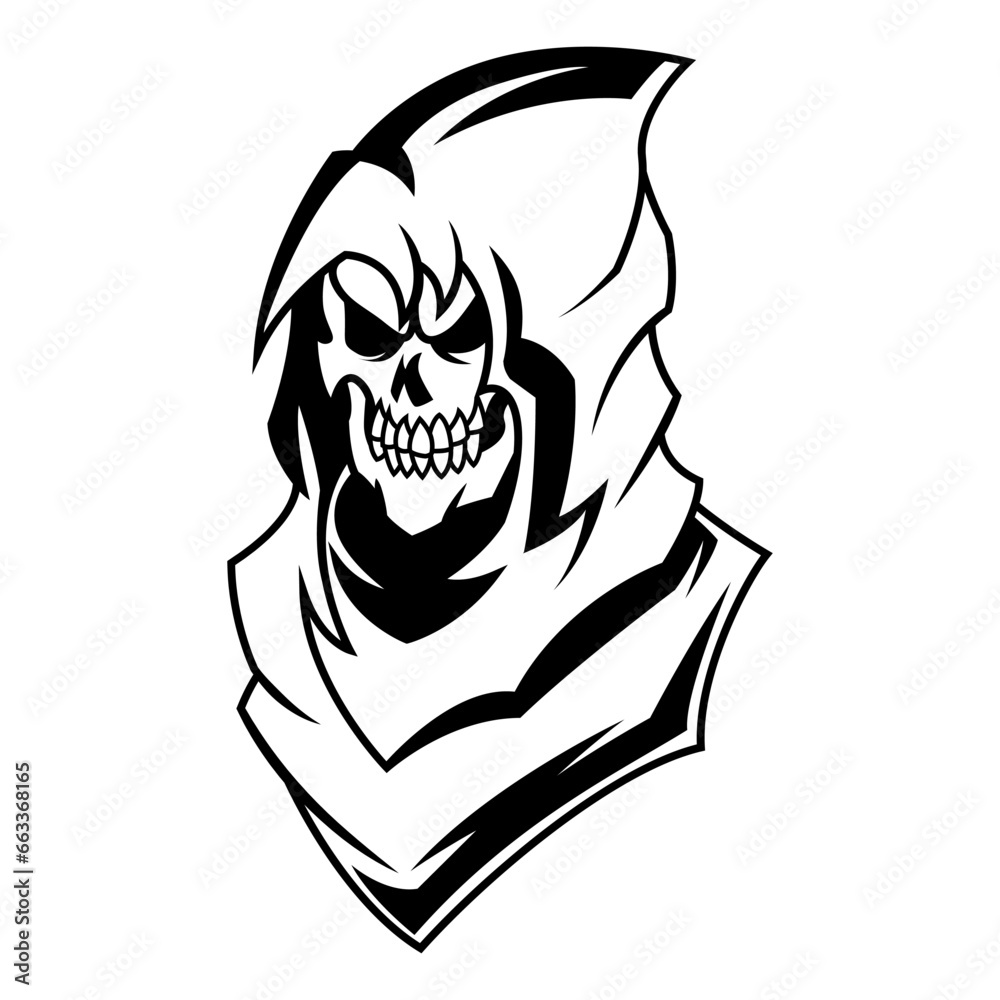 Grim Reaper Vector. Grim Reaper Skull Drawing Black And White Head Logo Vector Mascot template