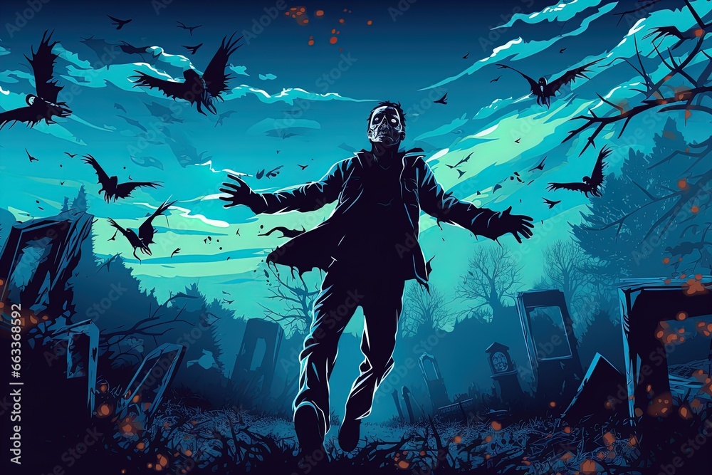 Naklejka premium Zombie Soars in Night Cemetery: Poster Art