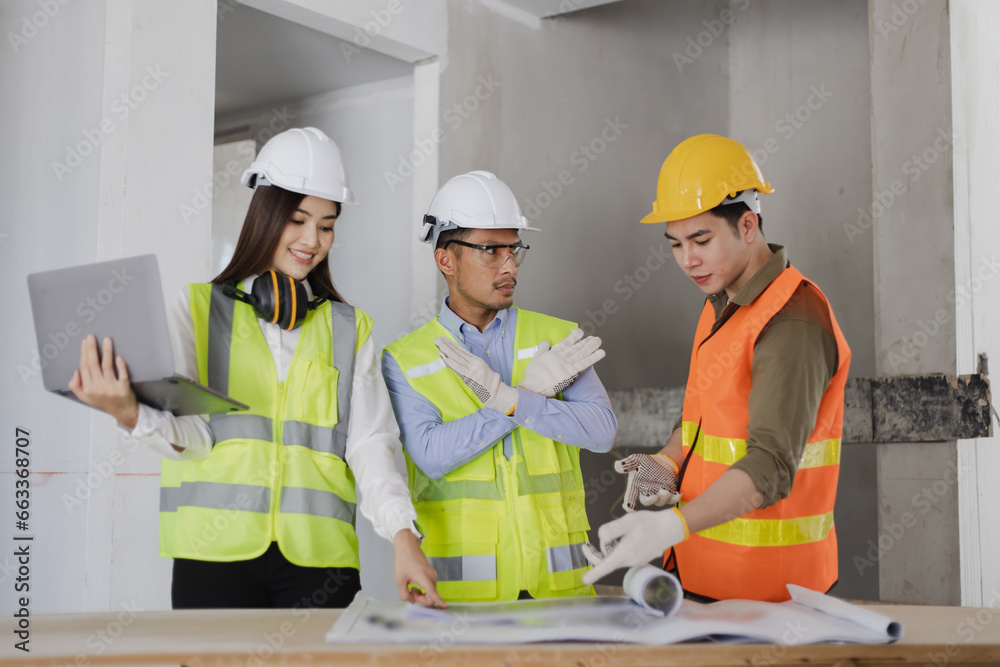 Asian engineers team working and design building project at construction in site office, Engineers meeting together to planning concept. Asian engineers team working and design building project at construction in site office, Engineers meeting together to planning concept.