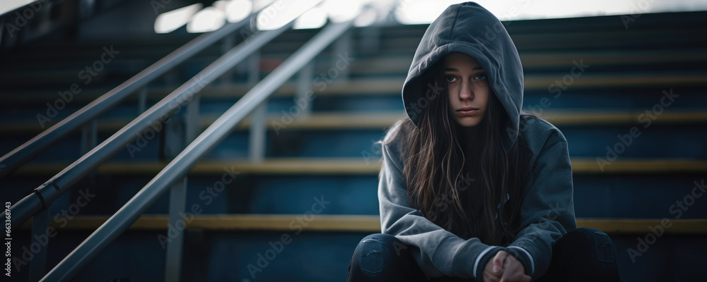 Female high school student sitting alone on bleachers, concept of the feeling of isolation and loneliness due to mental illness - obrazy, fototapety, plakaty 