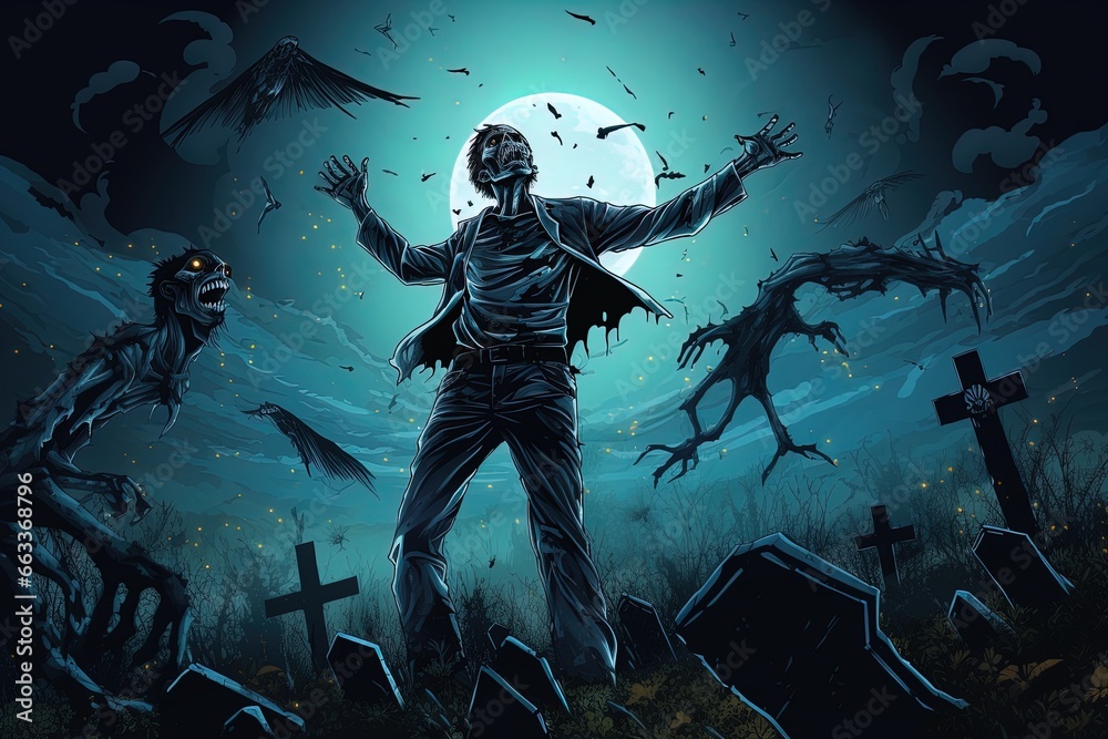 Fototapeta premium Zombie Soars in Night Cemetery: Poster Art
