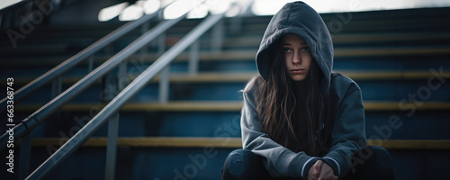 Female high school student sitting alone on bleachers, concept of the feeling of isolation and loneliness due to mental illness photo