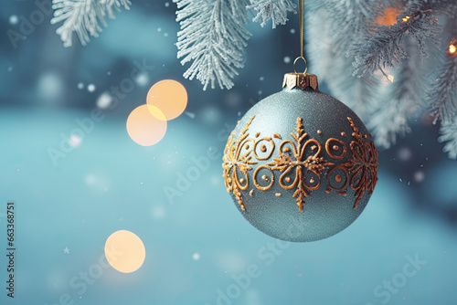 Merry Christmas and Happy New Year. Christmas balls on fir branches on fir brancheson blurred background photo