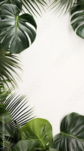 Leaves background with white copyspace. Product presentation invitation template.