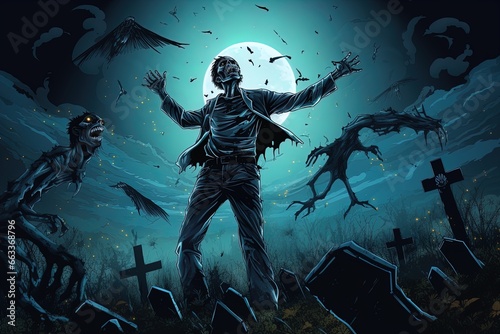 Zombie Soars in Night Cemetery  Poster Art