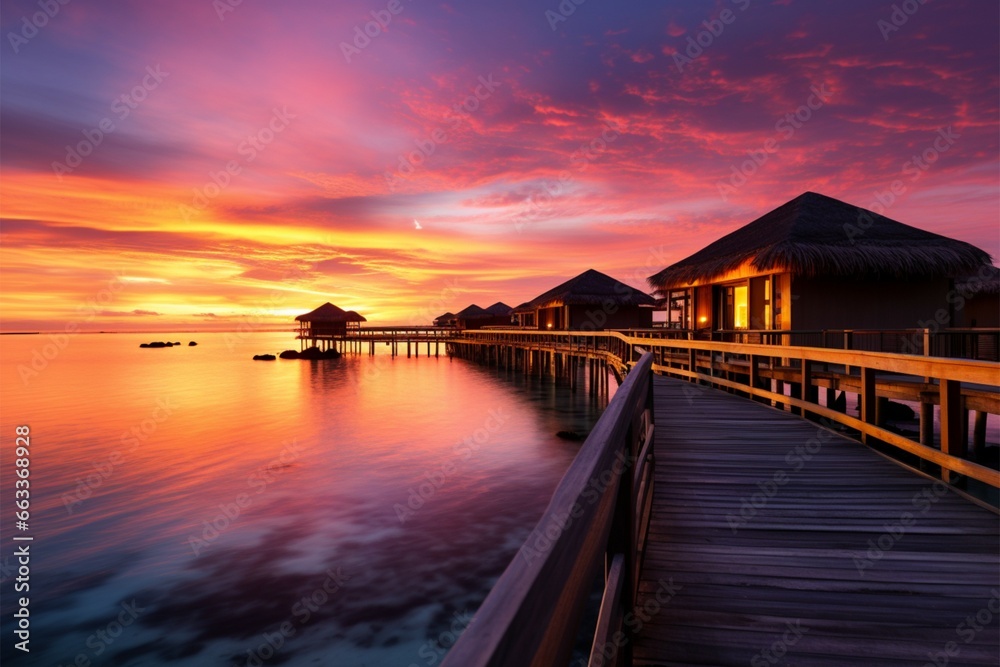 Idyllic Maldives sunset, overwater villas, sandy beach a travel daydream