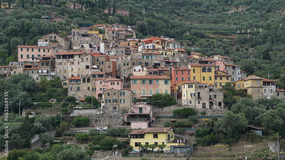 The view of Isolalunga in Imperia from the road, Italy, in the month of May