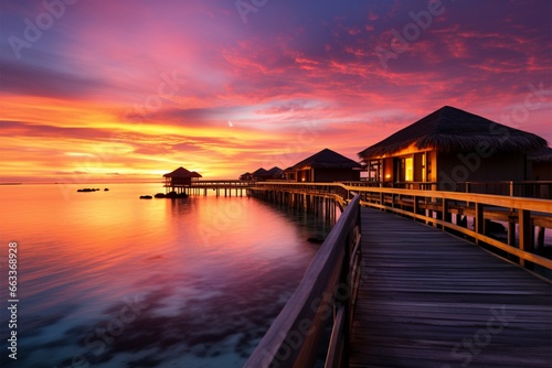Idyllic Maldives sunset  overwater villas  sandy beach a travel daydream