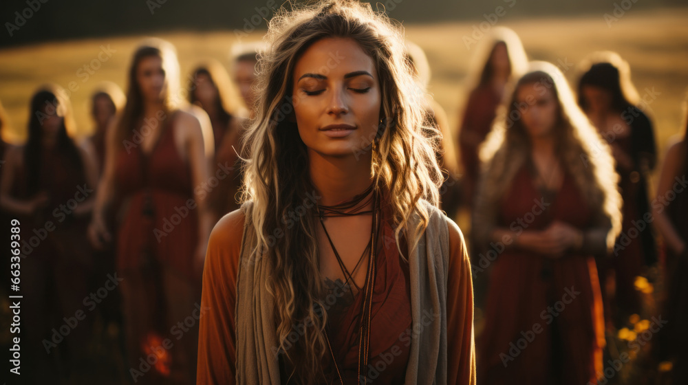 Beautiful hippie girl with her friends in the background at sunset. Boho woman outdoors portrait. Beautiful hippie girl with her friends in the background at sunset. Boho woman outdoors portrait.
