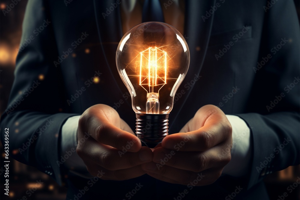 Innovation and inspiration represented by a businessmans glowing light bulb Innovation and inspiration represented by a businessmans glowing light bulb