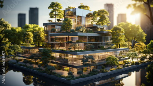 Modern office building with trees in the foreground. The harmony of nature and modernity.