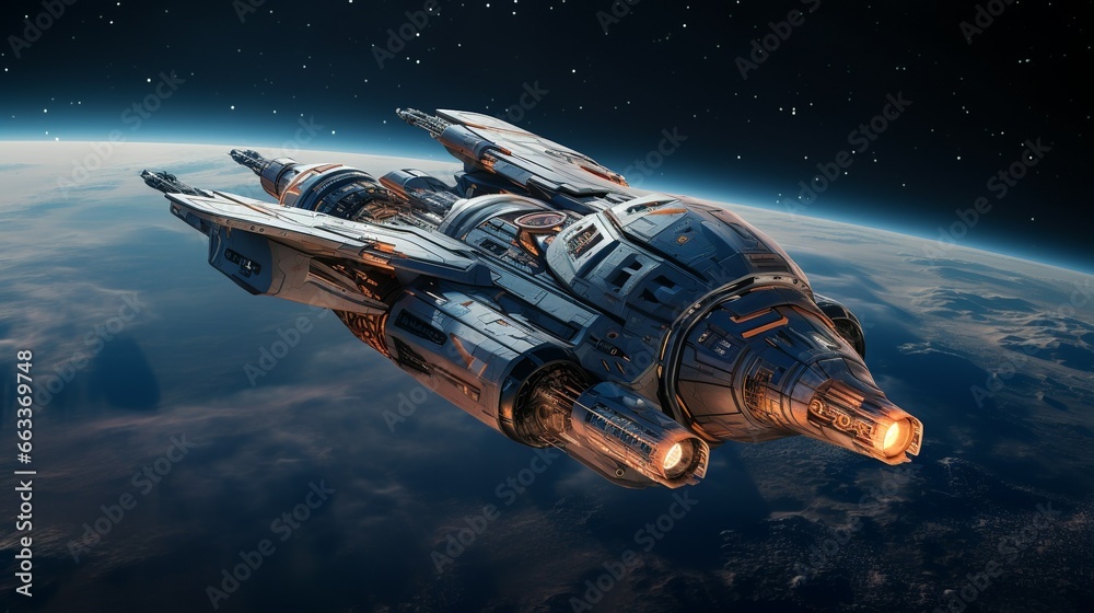 Retrofuturistic spaceship design in space Retrofuturistic spaceship design in space