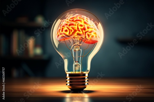 Illuminated brain sparks a creative idea within a shining light bulb