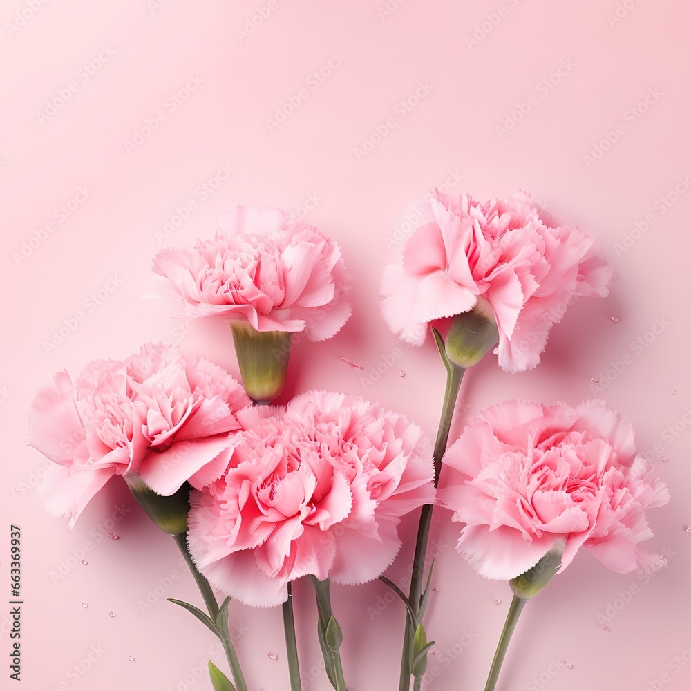 Light Pink Carnations Flowers on pink background. generative AI