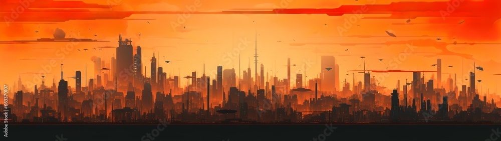 Cyberpunk megapolis silhouette in sunset design
