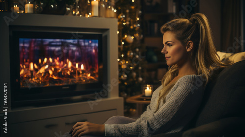 Beautiful young woman sitting on a sofa in front of a fireplace at Christmas time.