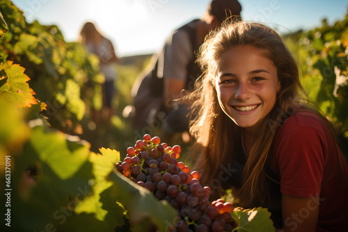 teenagers have fun harvesting grapes in the south of France, summer job